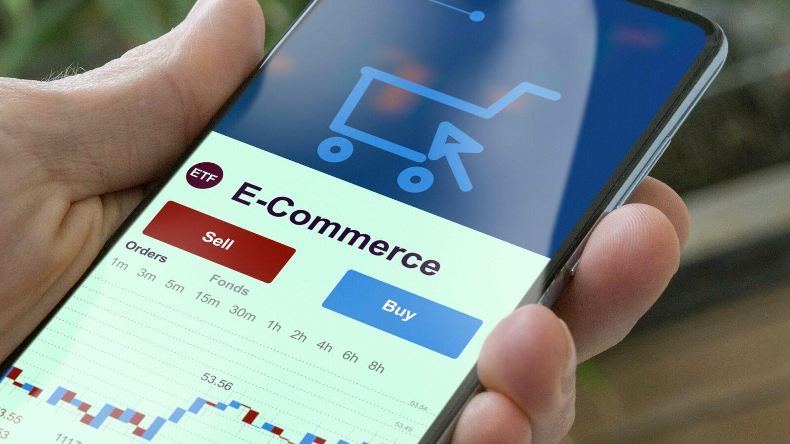 Invest in e-commerce ETF, an investor buys or sell an etf fund e commerce blue chips stock, electronic commerce fund share.